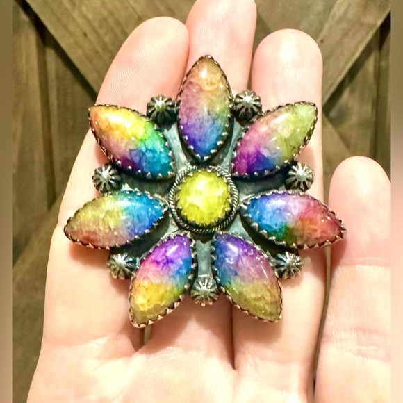 EUC Rainbow Quartz Faceted Flower Bust Sterling Silver Ring - Picture 2 of 13